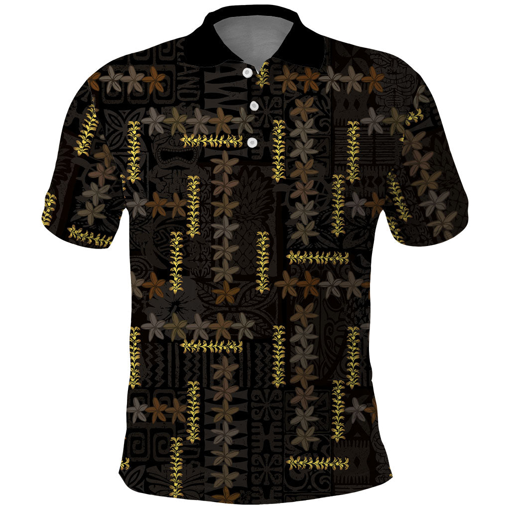 Hawaii Brown Plumeria Lei Black Polo Shirt Frangipani Floral Heritage Art