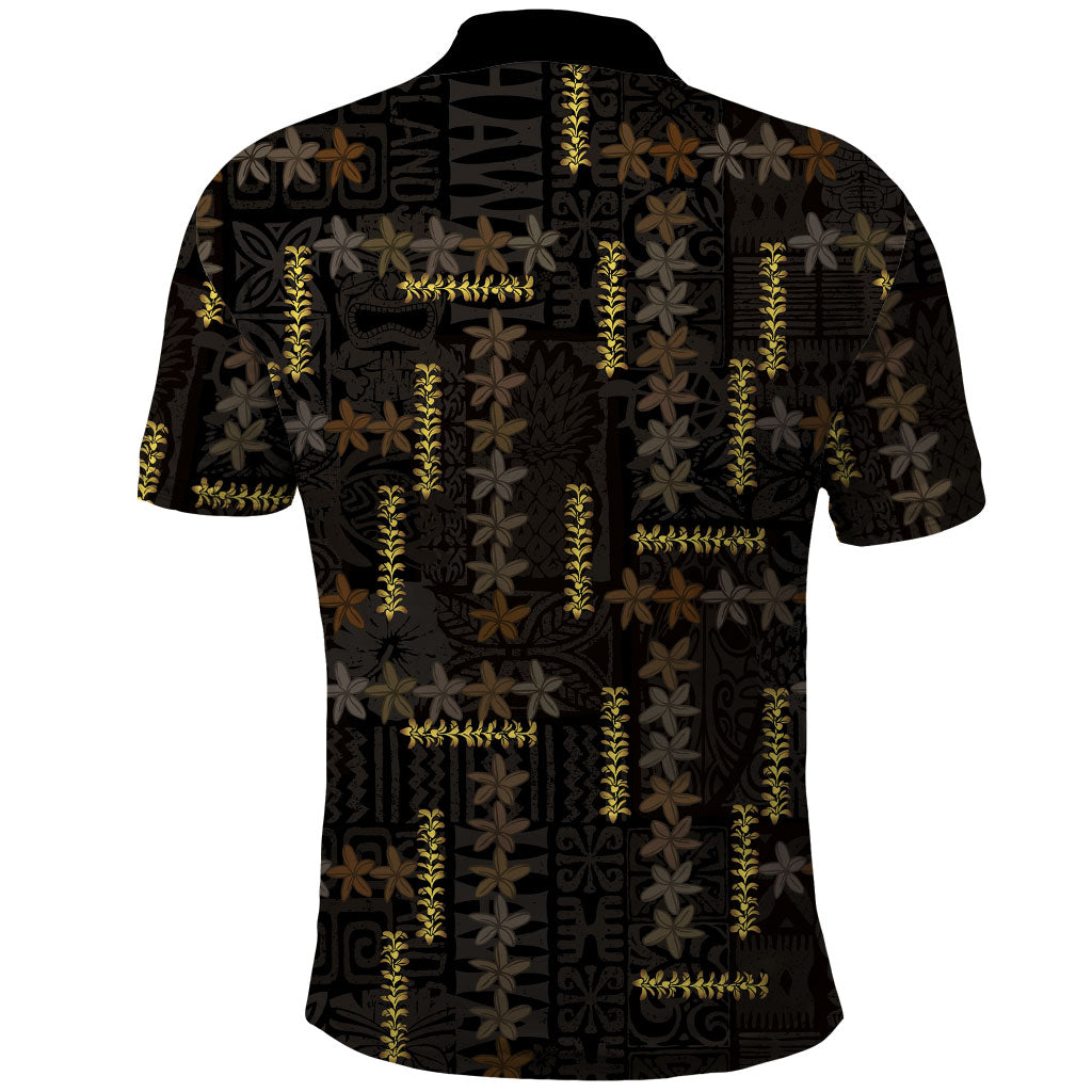 Hawaii Brown Plumeria Lei Black Polo Shirt Frangipani Floral Heritage Art