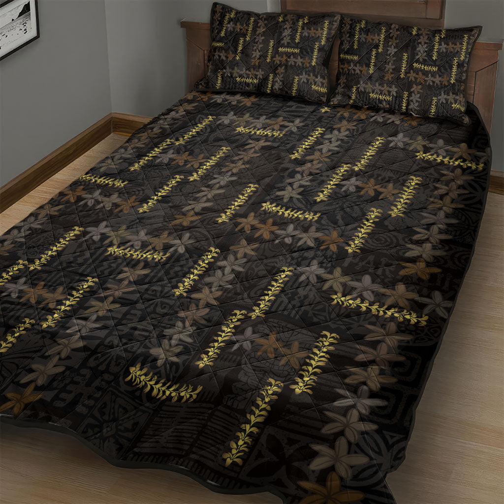 Hawaii Brown Plumeria Lei Black Quilt Bed Set Frangipani Floral Heritage Art