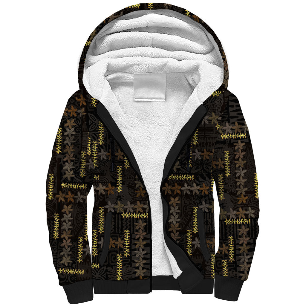 Hawaii Brown Plumeria Lei Black Sherpa Hoodie Frangipani Floral Heritage Art