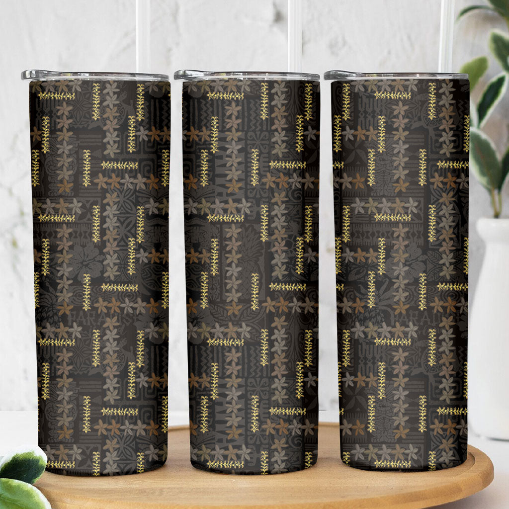 Hawaii Brown Plumeria Lei Black Skinny Tumbler Frangipani Floral Heritage Art