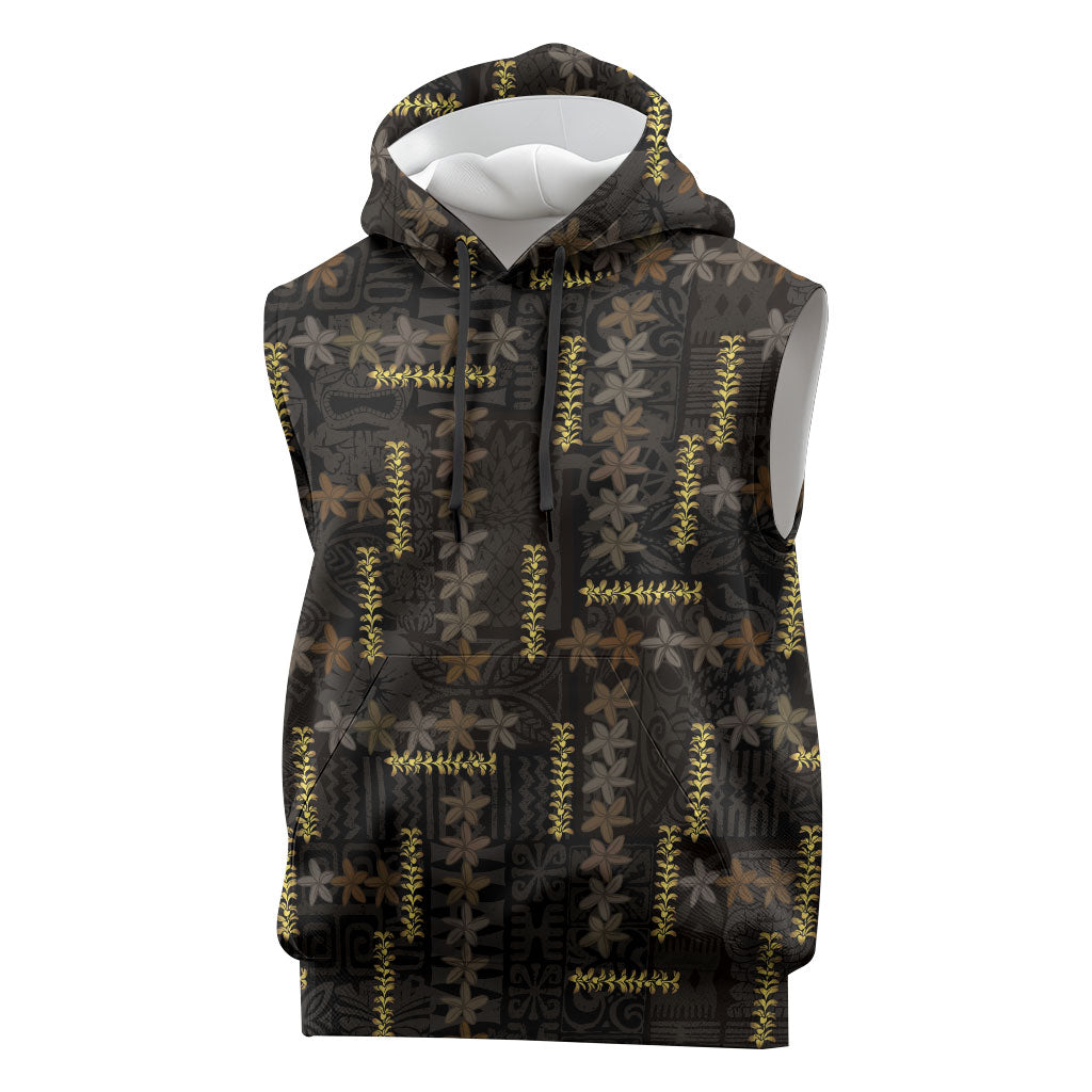 Hawaii Brown Plumeria Lei Black Sleeveless Hoodie Frangipani Floral Heritage Art LT01 Black - Polynesian Pride