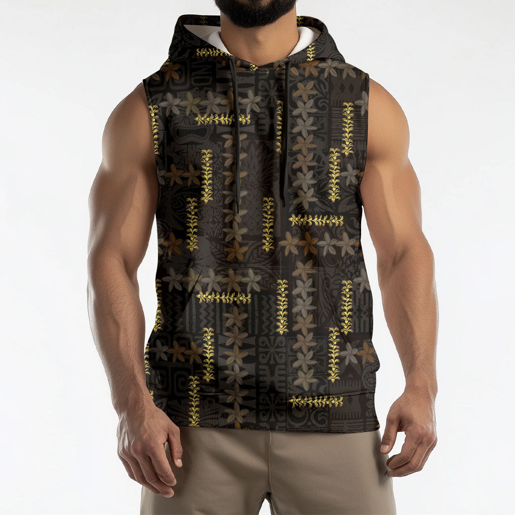 Hawaii Brown Plumeria Lei Black Sleeveless Hoodie Frangipani Floral Heritage Art