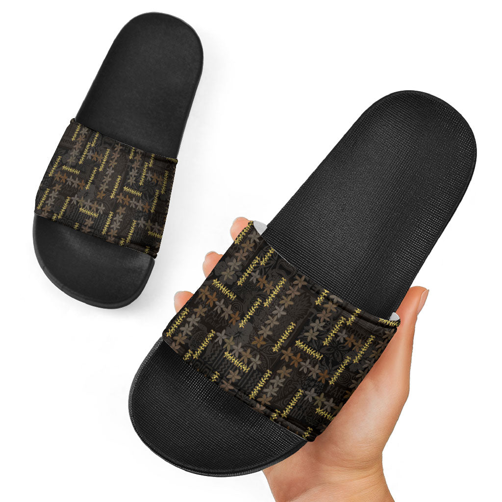 Hawaii Brown Plumeria Lei Black Slide Sandals Frangipani Floral Heritage Art