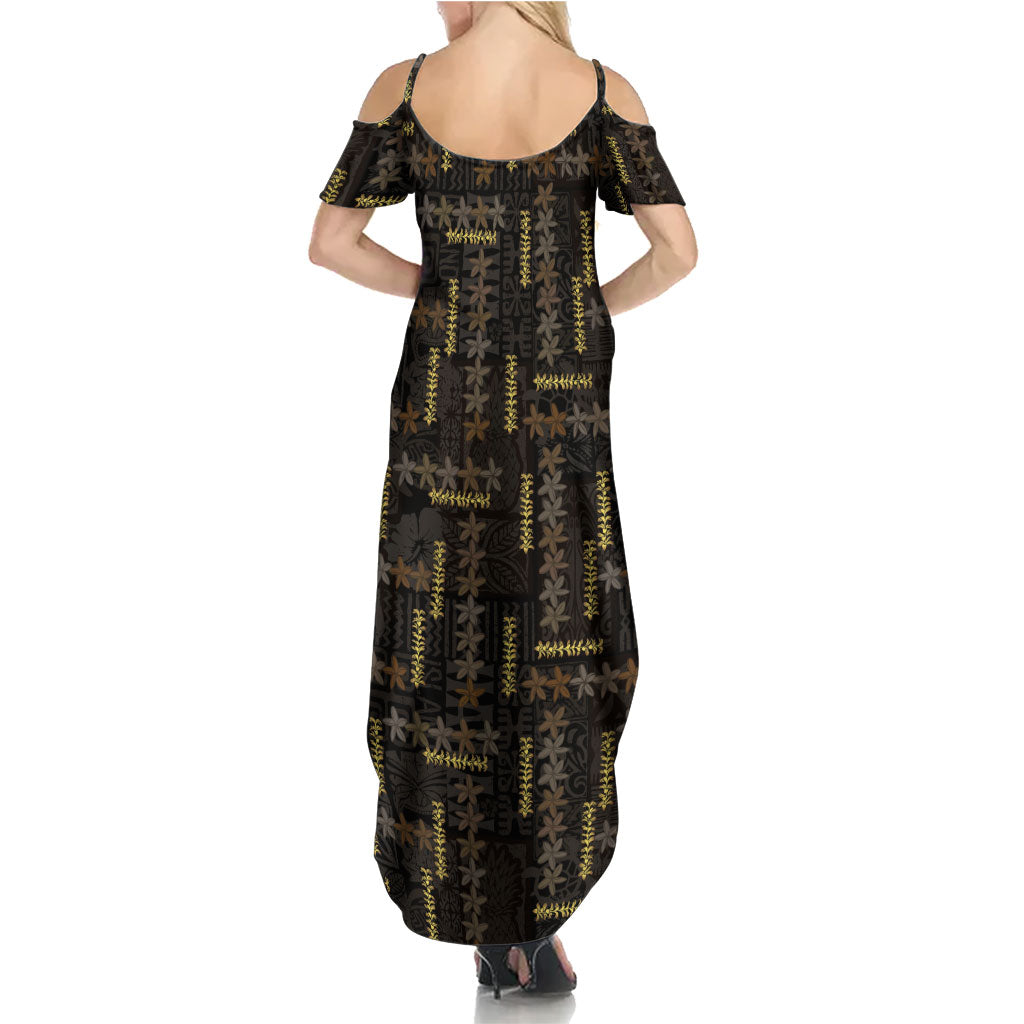 Hawaii Brown Plumeria Lei Black Summer Maxi Dress Frangipani Floral Heritage Art
