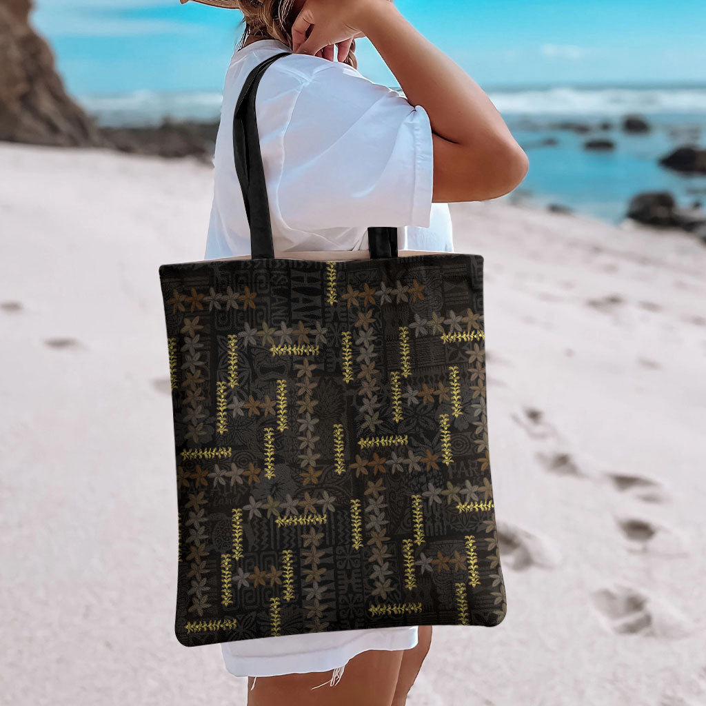 Hawaii Brown Plumeria Lei Black Tote Bag Frangipani Floral Heritage Art