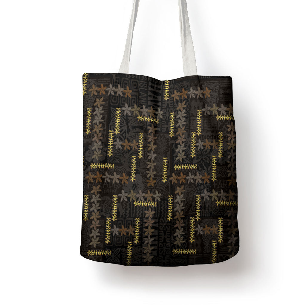 Hawaii Brown Plumeria Lei Black Tote Bag Frangipani Floral Heritage Art