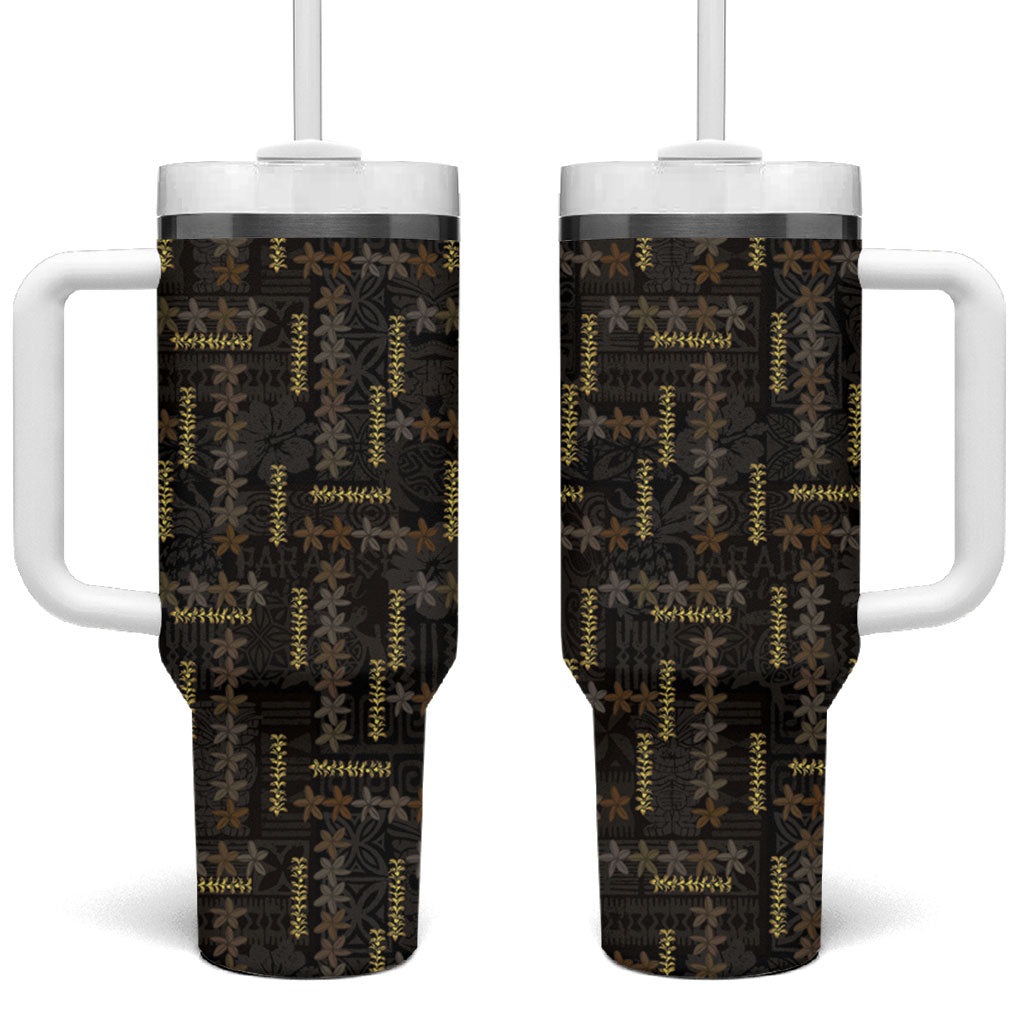 Hawaii Brown Plumeria Lei Black Tumbler With Handle Frangipani Floral Heritage Art