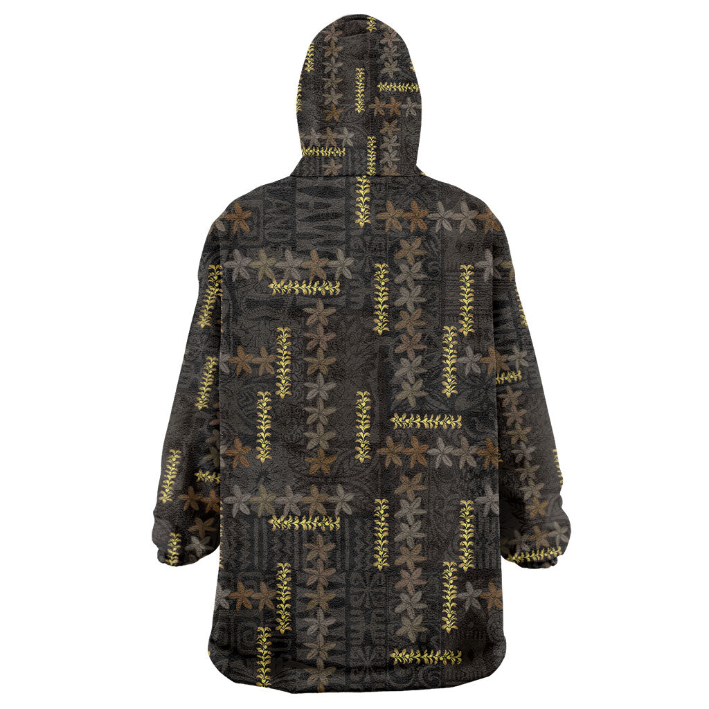 Hawaii Brown Plumeria Lei Black Wearable Blanket Hoodie Frangipani Floral Heritage Art