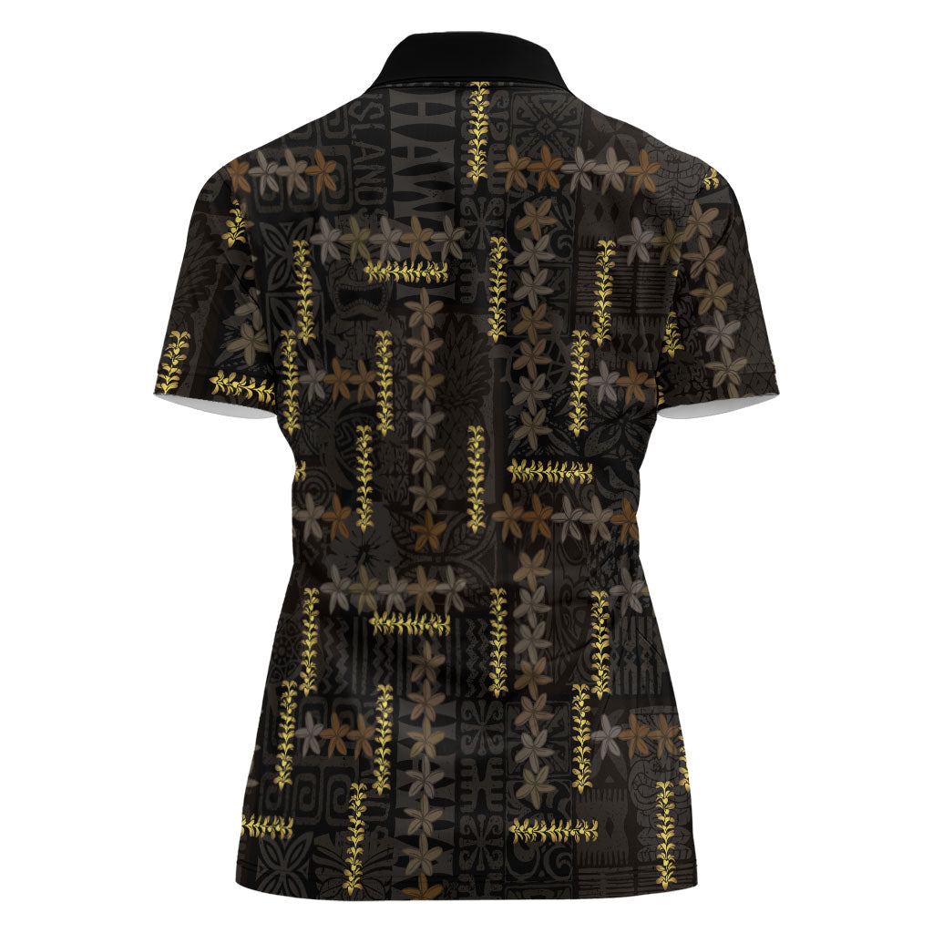 Hawaii Brown Plumeria Lei Black Women Polo Shirt Frangipani Floral Heritage Art