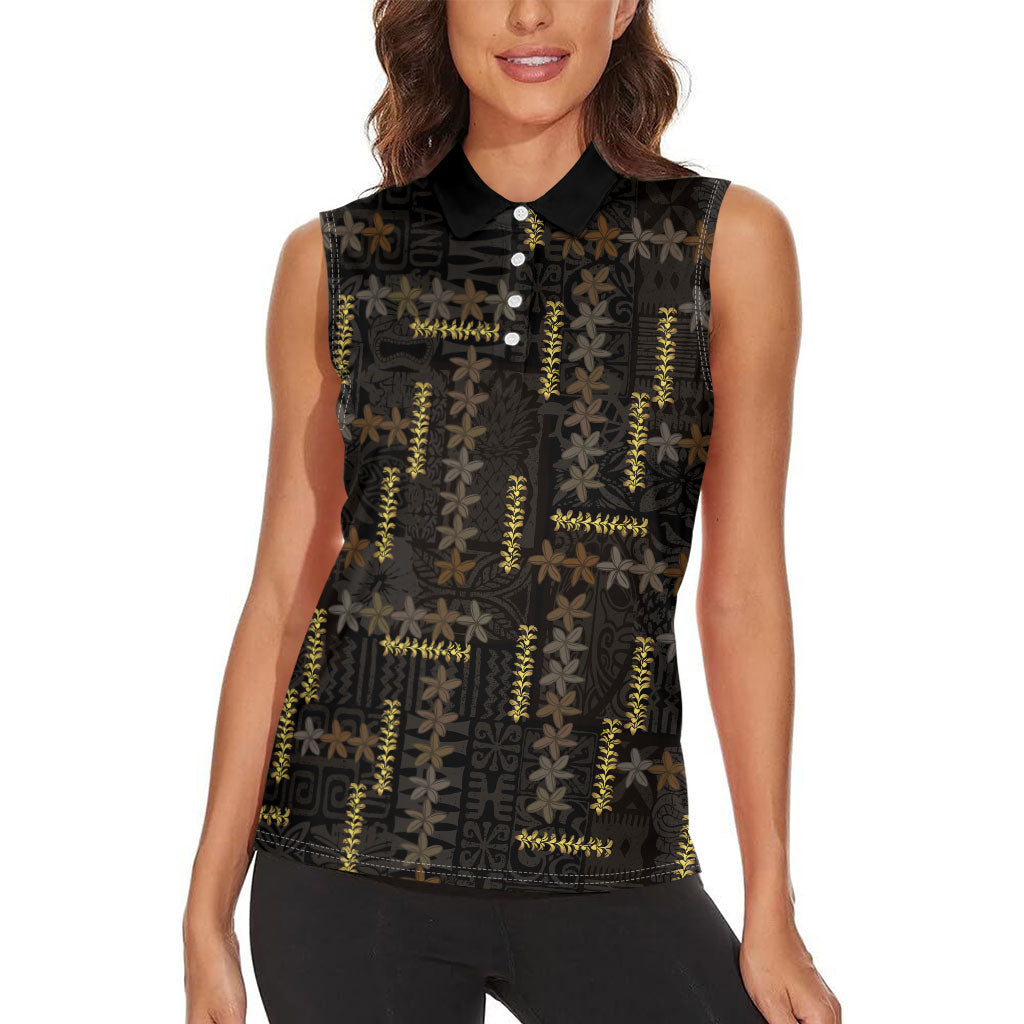 Hawaii Brown Plumeria Lei Black Women Sleeveless Polo Shirt Frangipani Floral Heritage Art