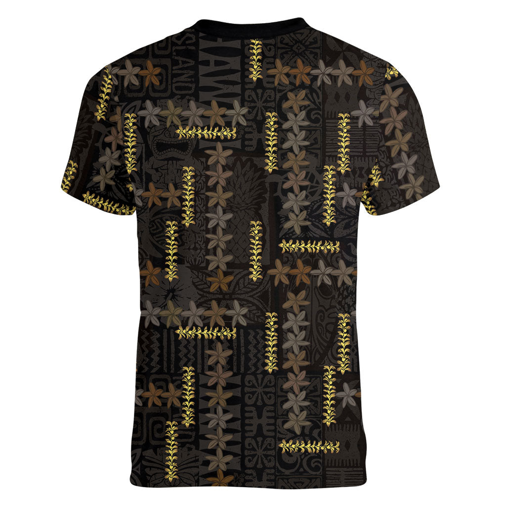 Hawaii Brown Plumeria Lei Black Women V-Neck T-Shirt Frangipani Floral Heritage Art