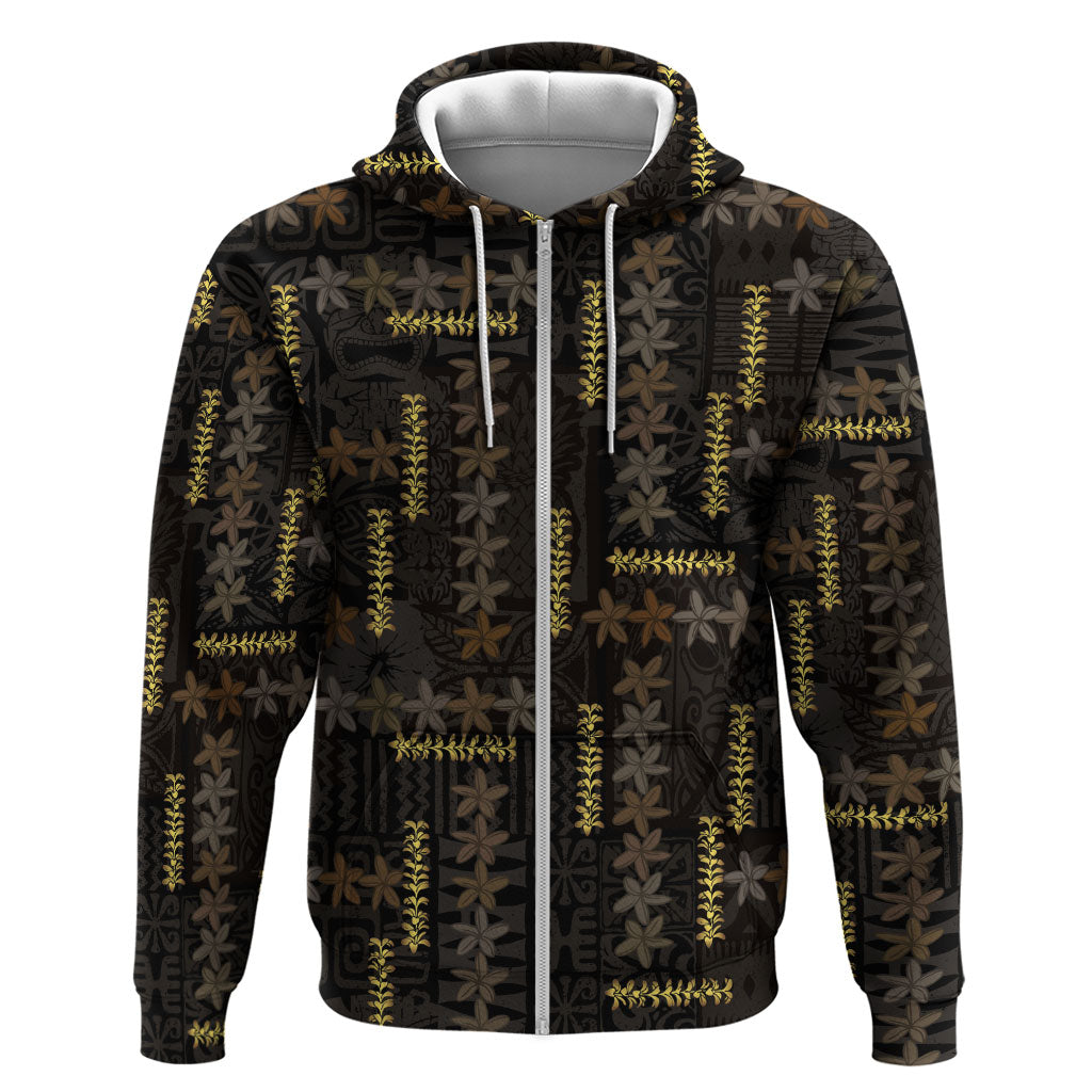 Hawaii Brown Plumeria Lei Black Zip Hoodie Frangipani Floral Heritage Art