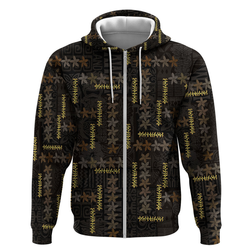 Hawaii Brown Plumeria Lei Black Zip Hoodie Frangipani Floral Heritage Art LT01 Zip Hoodie Black - Polynesian Pride