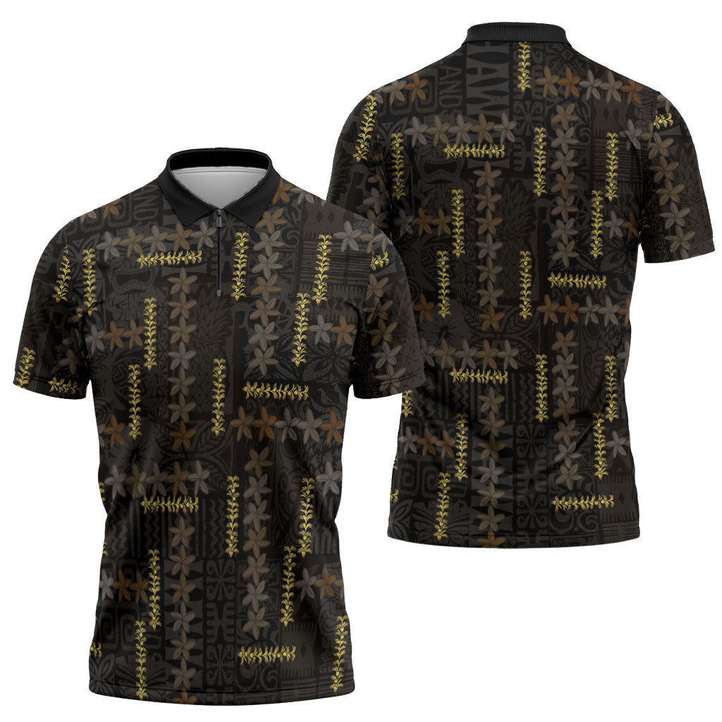 Hawaii Brown Plumeria Lei Black Zipper Polo Shirt Frangipani Floral Heritage Art