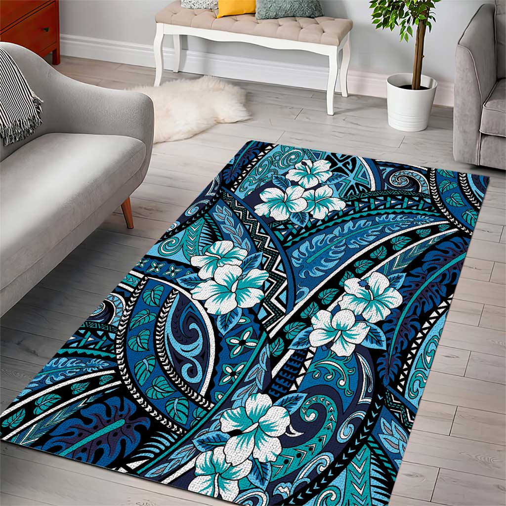Polynesian Hibiscus Tropical Blue Floral Area Rug Tribal Pattern - Polynesian Pride