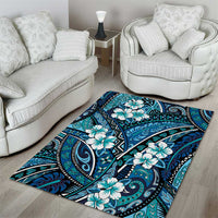 Polynesian Hibiscus Tropical Blue Floral Area Rug Tribal Pattern - Polynesian Pride