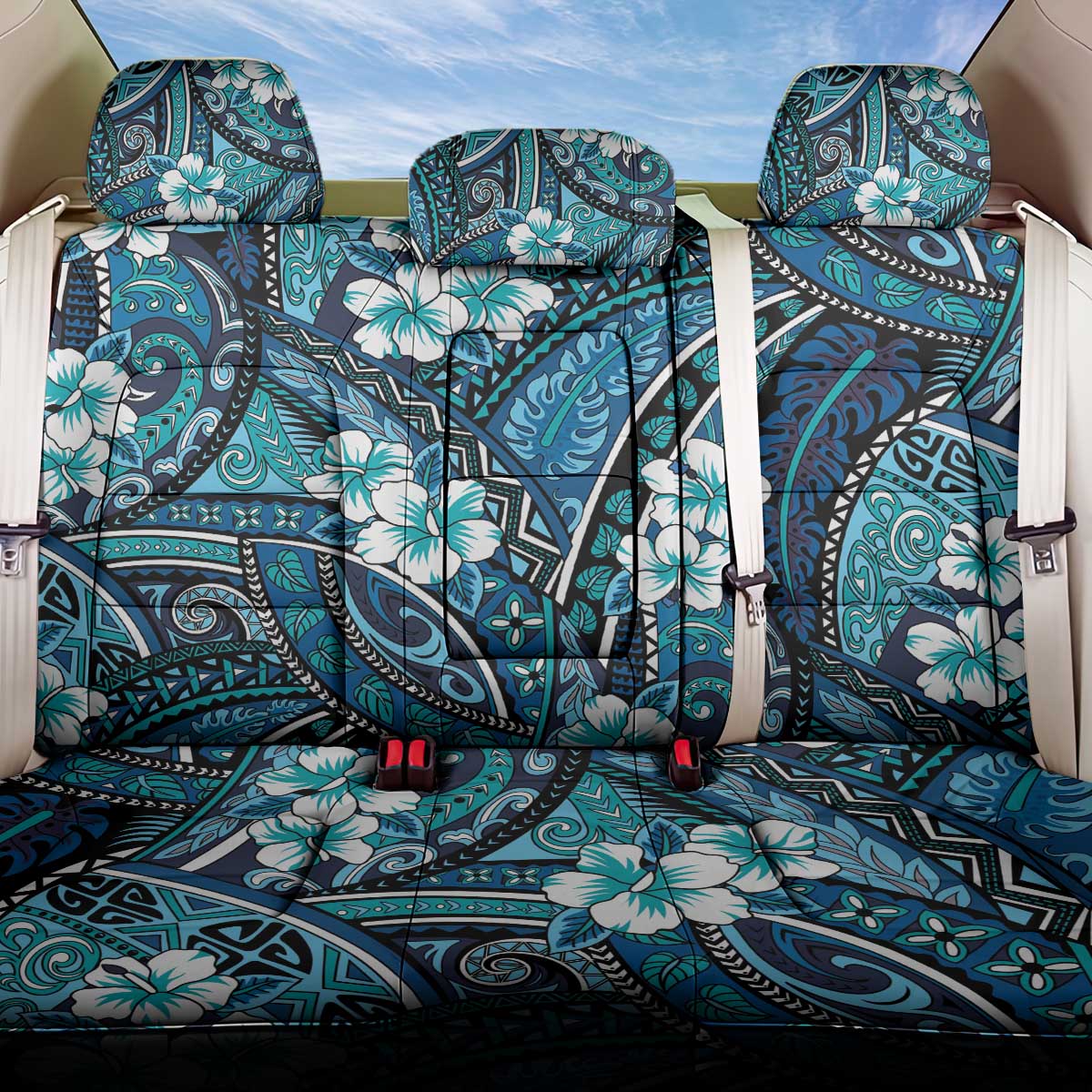 Polynesian Hibiscus Tropical Blue Floral Back Car Seat Cover Tribal Pattern LT01 One Size Blue - Polynesian Pride
