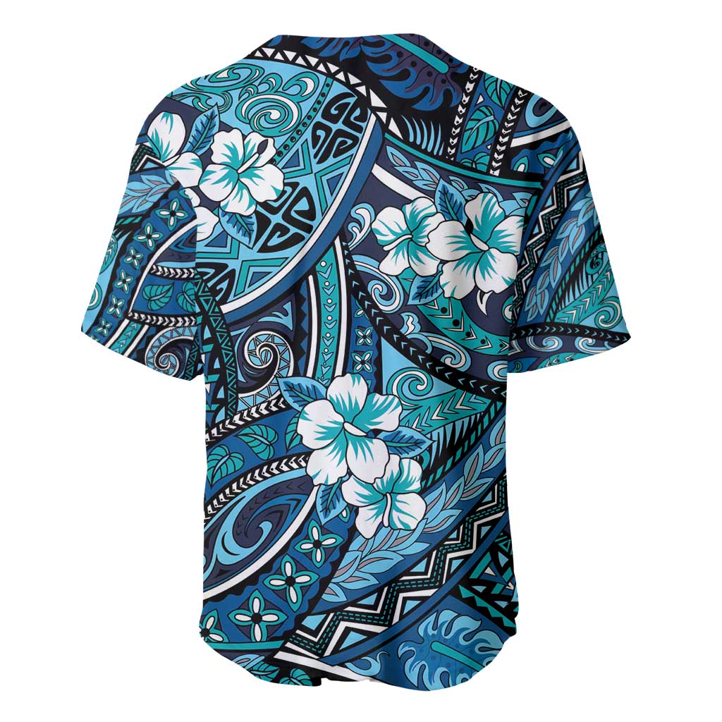 Polynesian Hibiscus Tropical Blue Floral Baseball Jersey Tribal Pattern - Polynesian Pride