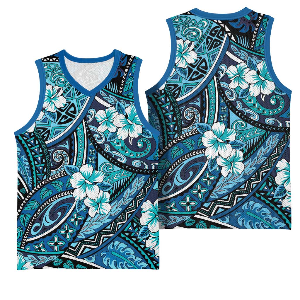 Polynesian Hibiscus Tropical Blue Floral Basketball Jersey Tribal Pattern - Polynesian Pride