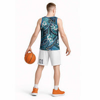 Polynesian Hibiscus Tropical Blue Floral Basketball Jersey Tribal Pattern - Polynesian Pride