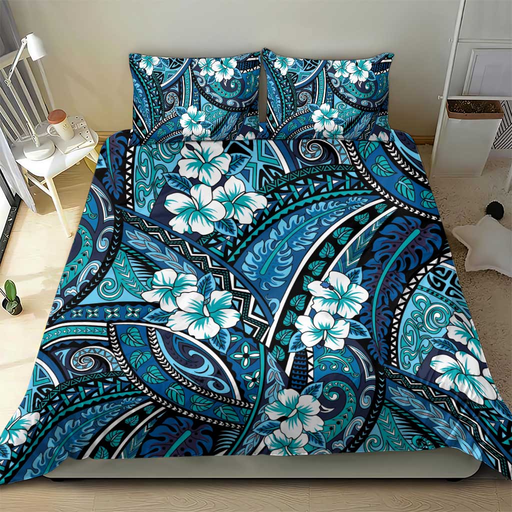 Polynesian Hibiscus Tropical Blue Floral Bedding Set Tribal Pattern - Polynesian Pride