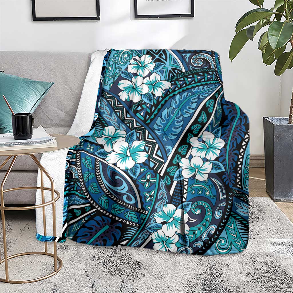 Polynesian Hibiscus Tropical Blue Floral Blanket Tribal Pattern - Polynesian Pride