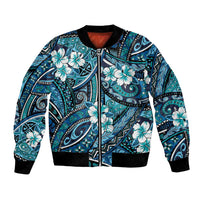 Polynesian Hibiscus Tropical Blue Floral Bomber Jacket Tribal Pattern - Polynesian Pride