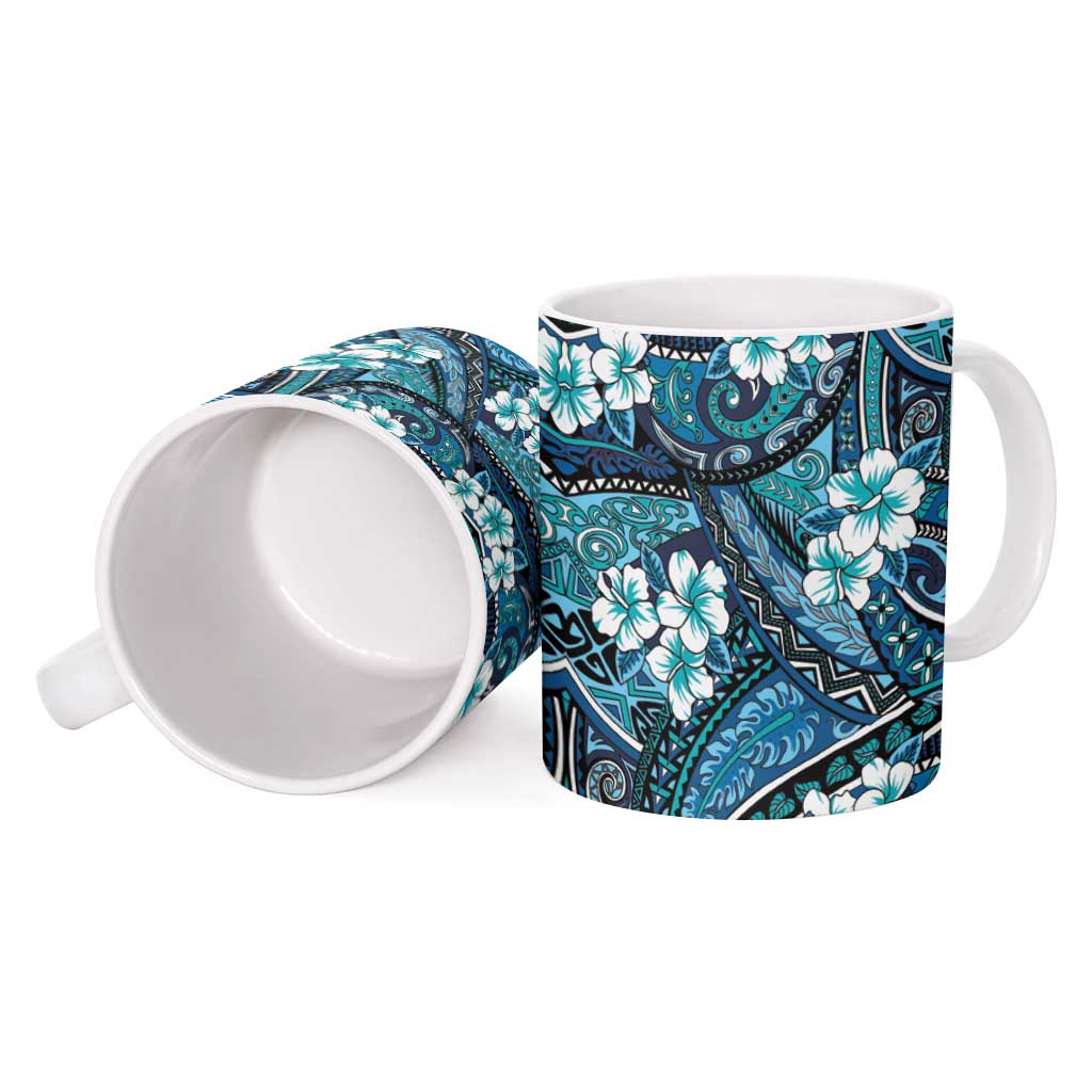 Polynesian Hibiscus Tropical Blue Floral Ceramic Mug Tribal Pattern - Polynesian Pride