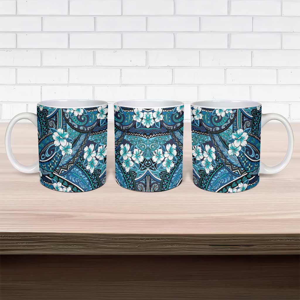 Polynesian Hibiscus Tropical Blue Floral Ceramic Mug Tribal Pattern - Polynesian Pride