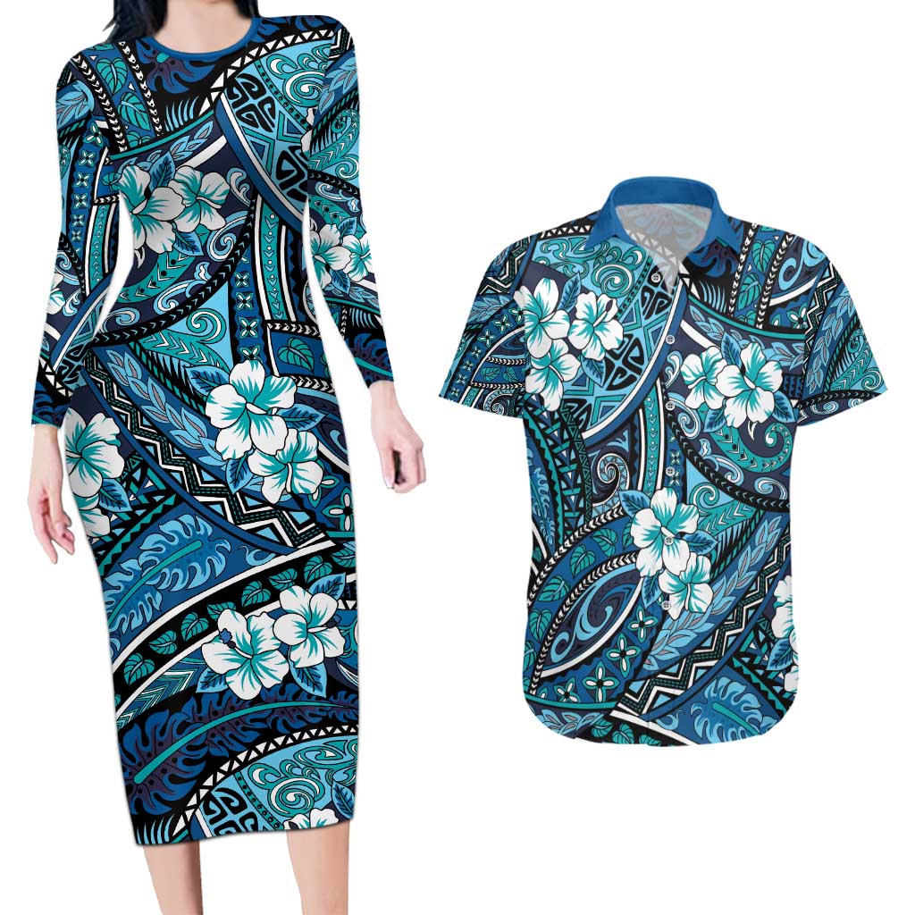Polynesian Hibiscus Tropical Blue Floral Couples Matching Long Sleeve Bodycon Dress and Hawaiian Shirt Tribal Pattern - Polynesian Pride
