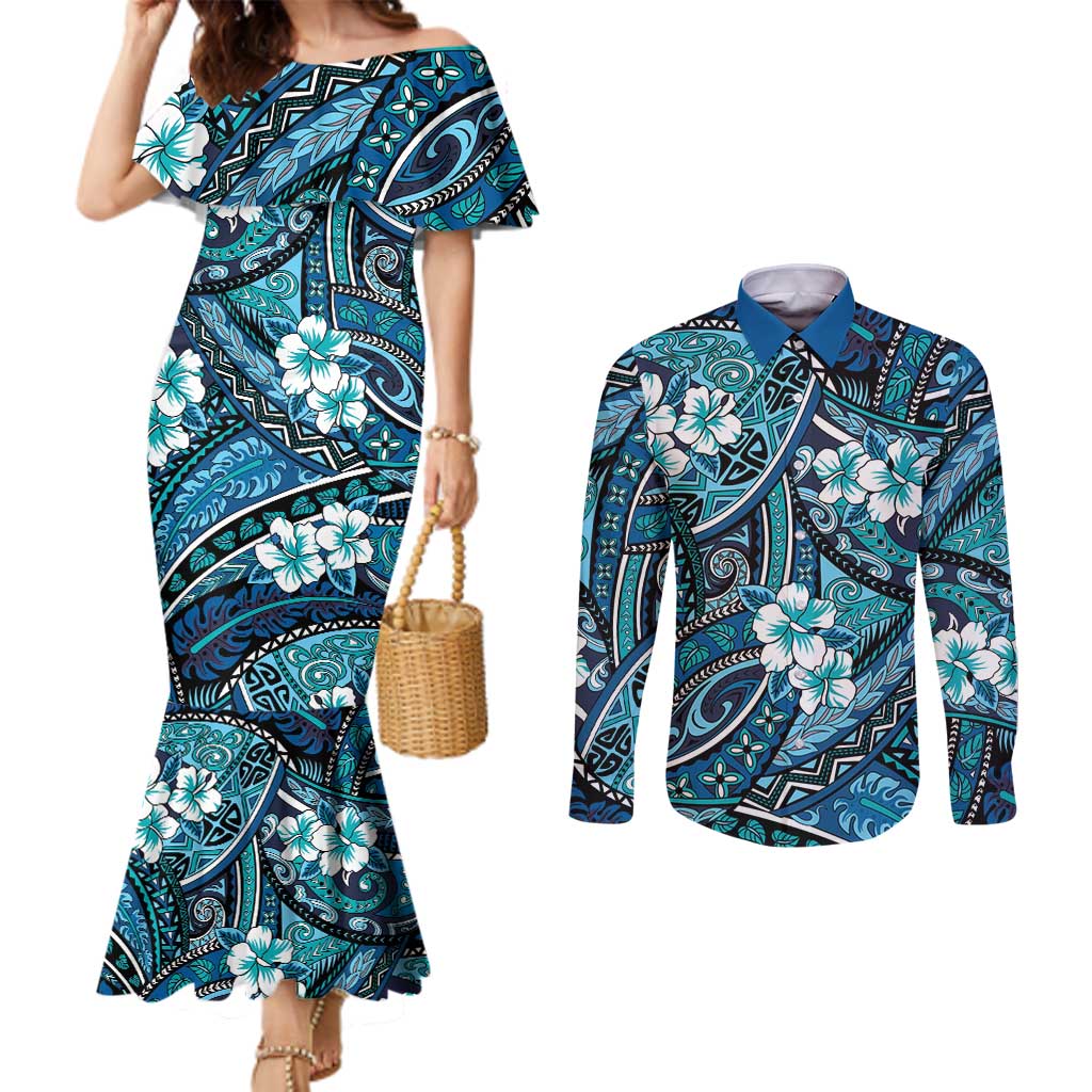 Polynesian Hibiscus Tropical Blue Floral Couples Matching Mermaid Dress and Long Sleeve Button Shirt Tribal Pattern LT01 Blue - Polynesian Pride