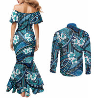 Polynesian Hibiscus Tropical Blue Floral Couples Matching Mermaid Dress and Long Sleeve Button Shirt Tribal Pattern LT01 - Polynesian Pride