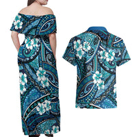 Polynesian Hibiscus Tropical Blue Floral Couples Matching Off Shoulder Maxi Dress and Hawaiian Shirt Tribal Pattern - Polynesian Pride