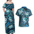 Polynesian Hibiscus Tropical Blue Floral Couples Matching Off Shoulder Maxi Dress and Hawaiian Shirt Tribal Pattern - Polynesian Pride