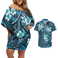Polynesian Hibiscus Tropical Blue Floral Couples Matching Off Shoulder Short Dress and Hawaiian Shirt Tribal Pattern - Polynesian Pride