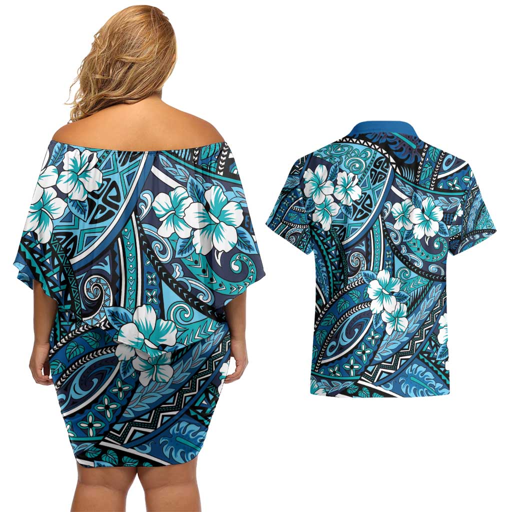 Polynesian Hibiscus Tropical Blue Floral Couples Matching Off Shoulder Short Dress and Hawaiian Shirt Tribal Pattern - Polynesian Pride