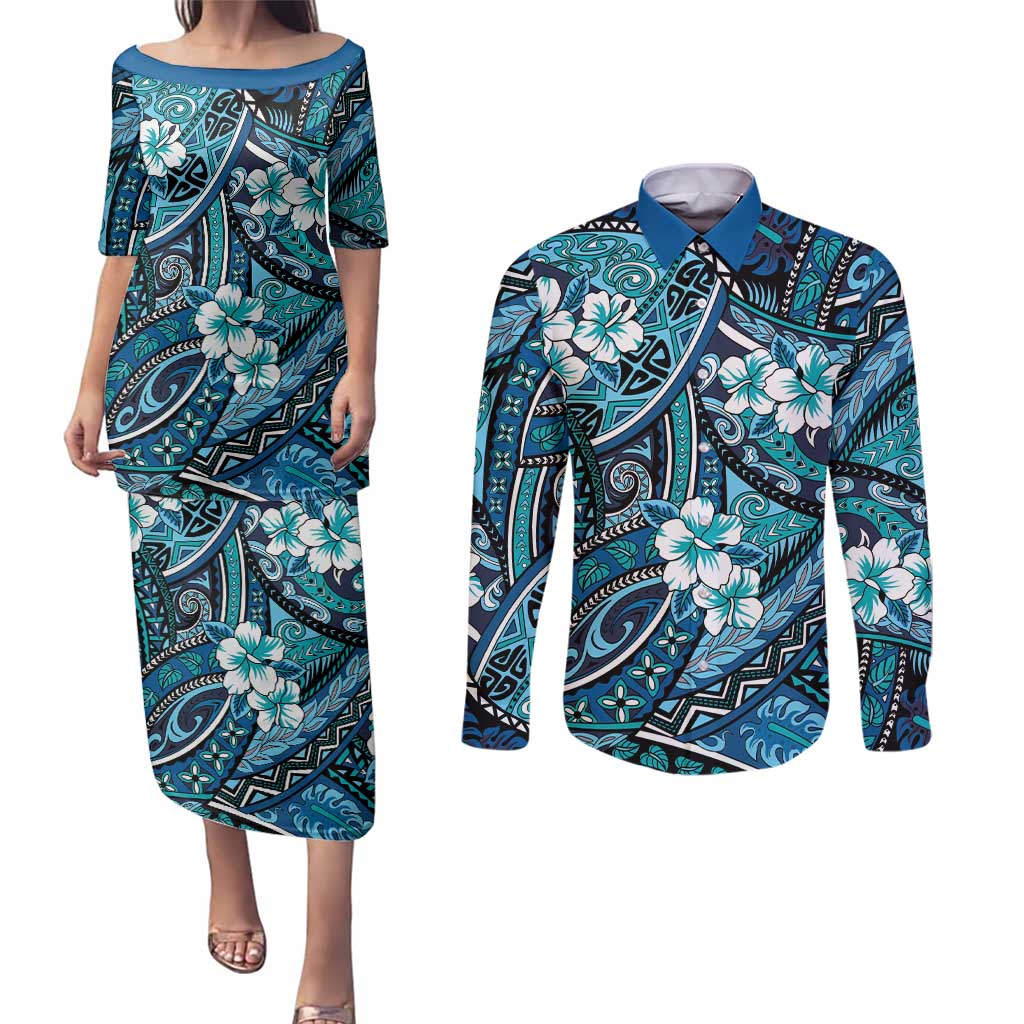 Polynesian Hibiscus Tropical Blue Floral Couples Matching Puletasi and Long Sleeve Button Shirt Tribal Pattern LT01 Blue - Polynesian Pride