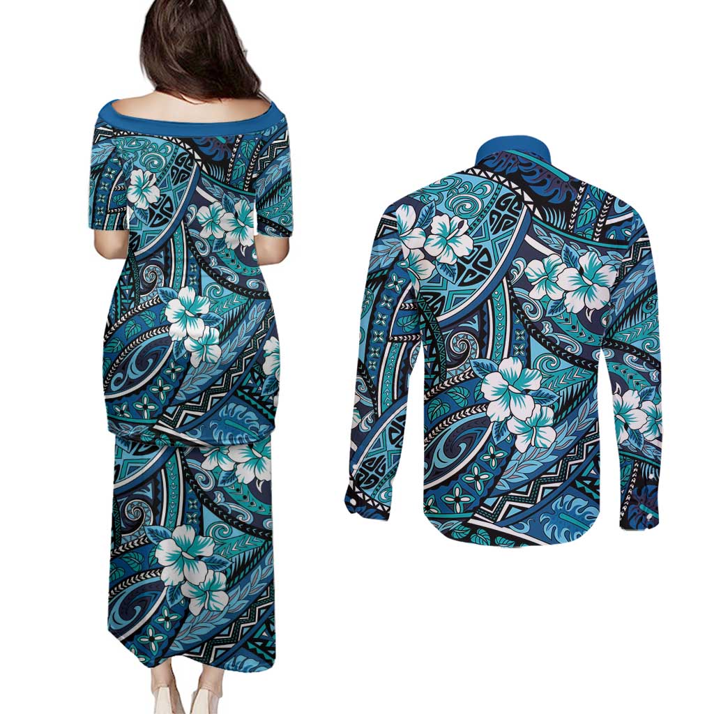 Polynesian Hibiscus Tropical Blue Floral Couples Matching Puletasi and Long Sleeve Button Shirt Tribal Pattern - Polynesian Pride