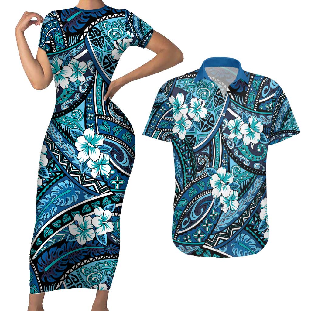 Polynesian Hibiscus Tropical Blue Floral Couples Matching Short Sleeve Bodycon Dress and Hawaiian Shirt Tribal Pattern - Polynesian Pride