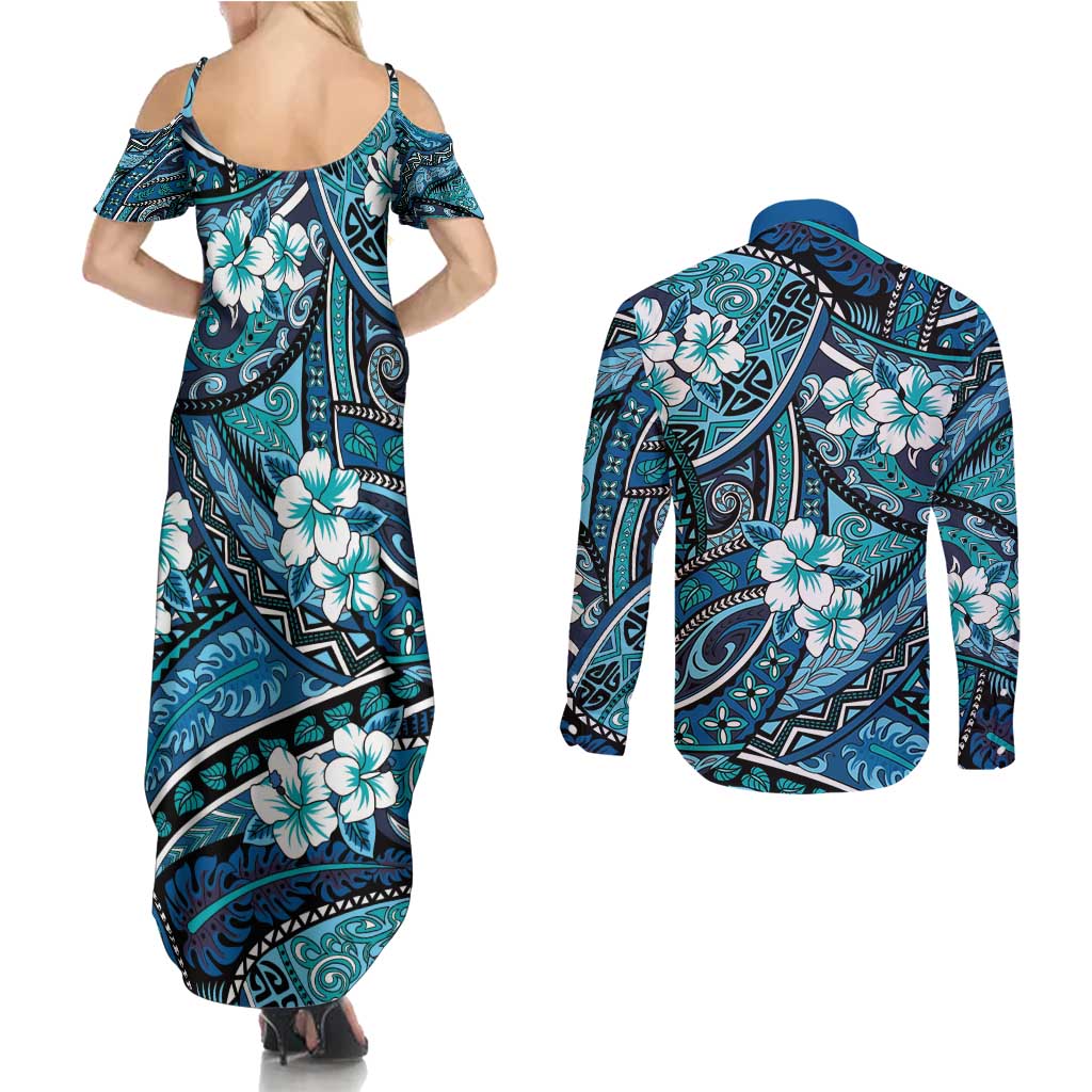 Polynesian Hibiscus Tropical Blue Floral Couples Matching Summer Maxi Dress and Long Sleeve Button Shirt Tribal Pattern LT01 - Polynesian Pride