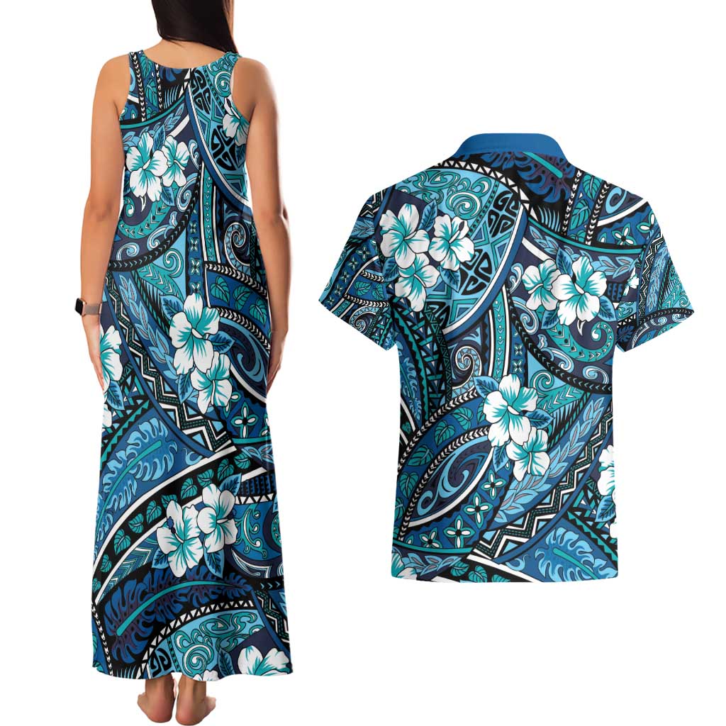 Polynesian Hibiscus Tropical Blue Floral Couples Matching Tank Maxi Dress and Hawaiian Shirt Tribal Pattern - Polynesian Pride