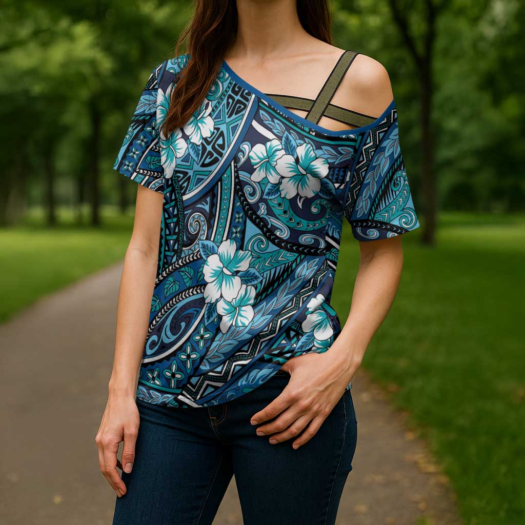 Polynesian Hibiscus Tropical Blue Floral Cross Shoulder Shirt Tribal Pattern - Polynesian Pride