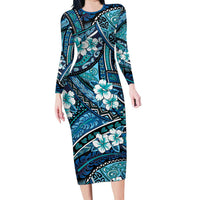 Polynesian Hibiscus Tropical Blue Floral Family Matching Long Sleeve Bodycon Dress and Hawaiian Shirt Tribal Pattern - Polynesian Pride