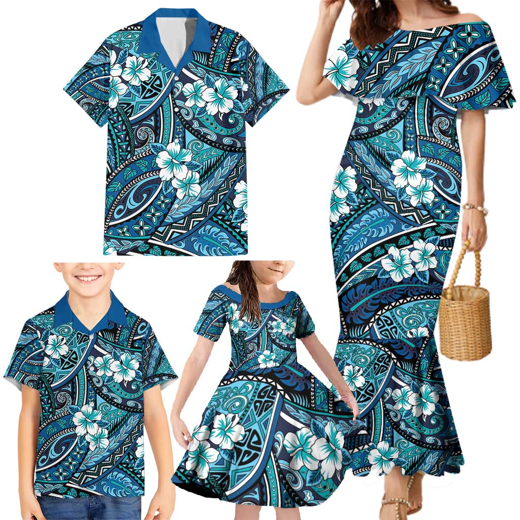 Polynesian Hibiscus Tropical Blue Floral Family Matching Mermaid Dress and Hawaiian Shirt Tribal Pattern - Polynesian Pride
