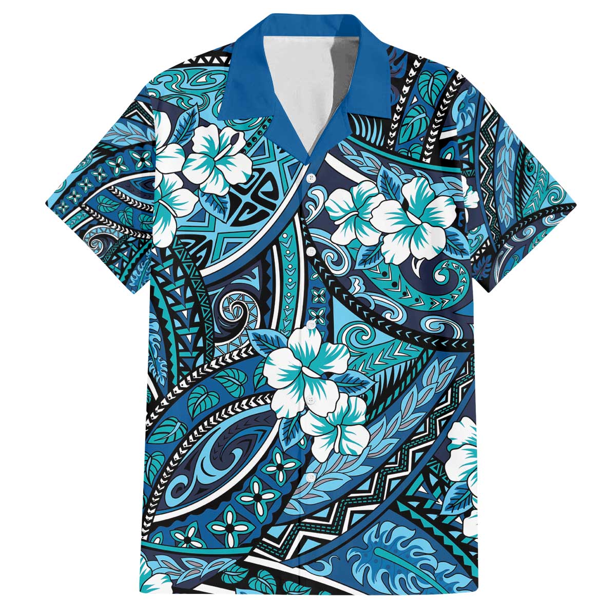 Polynesian Hibiscus Tropical Blue Floral Family Matching Off The Shoulder Long Sleeve Dress and Hawaiian Shirt Tribal Pattern - Polynesian Pride