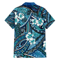 Polynesian Hibiscus Tropical Blue Floral Family Matching Off The Shoulder Long Sleeve Dress and Hawaiian Shirt Tribal Pattern - Polynesian Pride