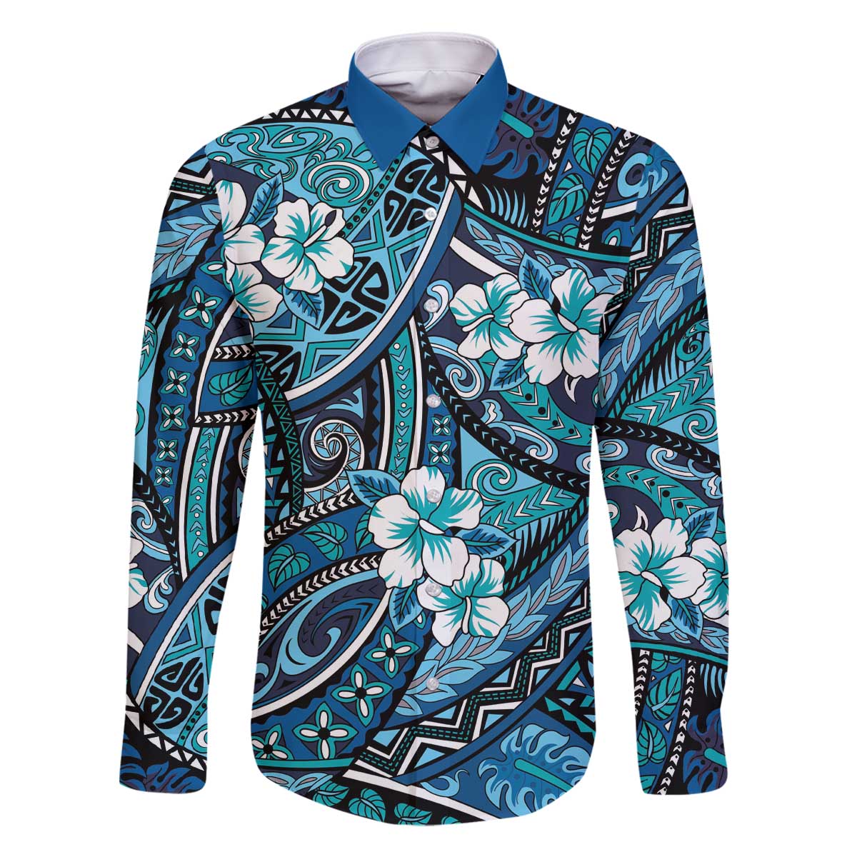Polynesian Hibiscus Tropical Blue Floral Family Matching Off The Shoulder Long Sleeve Dress and Hawaiian Shirt Tribal Pattern - Polynesian Pride