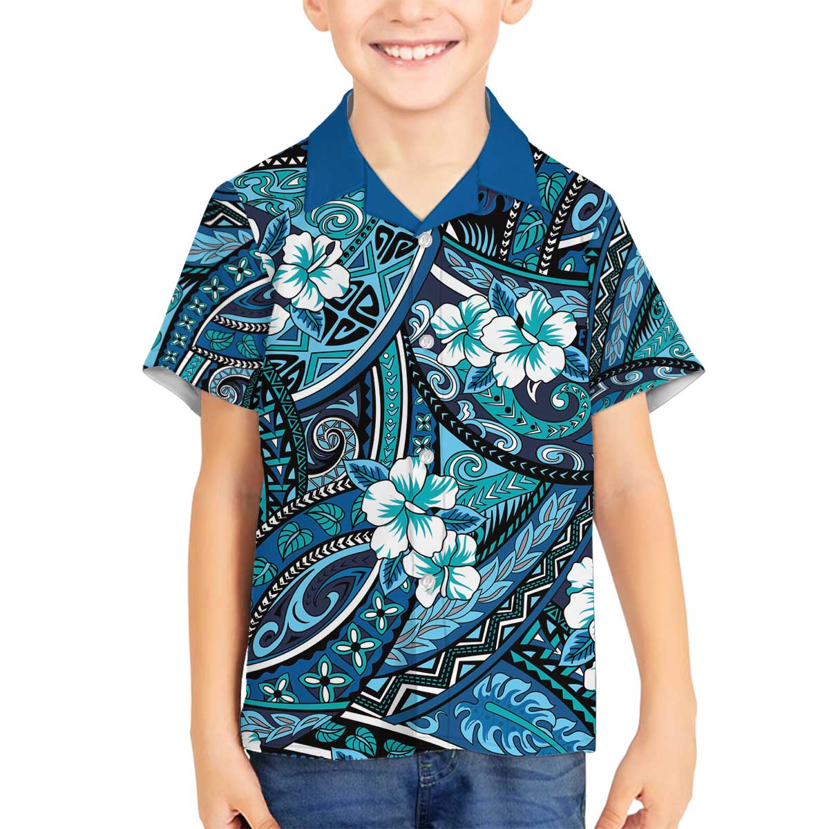 Polynesian Hibiscus Tropical Blue Floral Family Matching Off The Shoulder Long Sleeve Dress and Hawaiian Shirt Tribal Pattern - Polynesian Pride