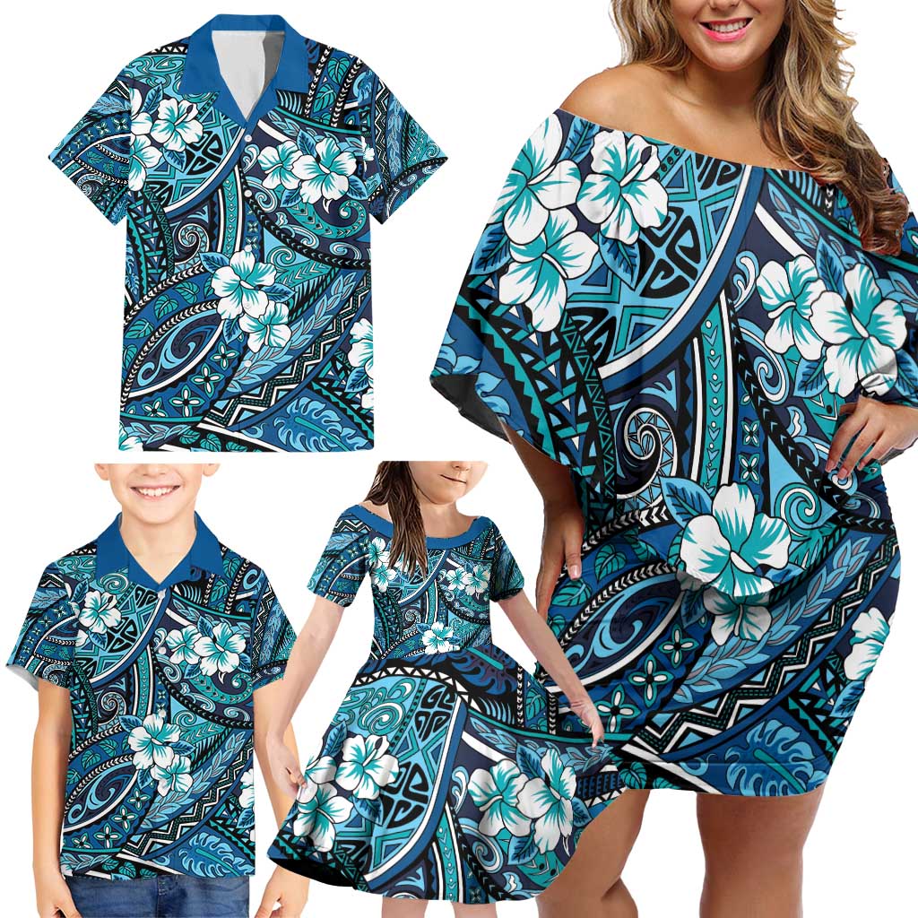Polynesian Hibiscus Tropical Blue Floral Family Matching Off Shoulder Short Dress and Hawaiian Shirt Tribal Pattern - Polynesian Pride